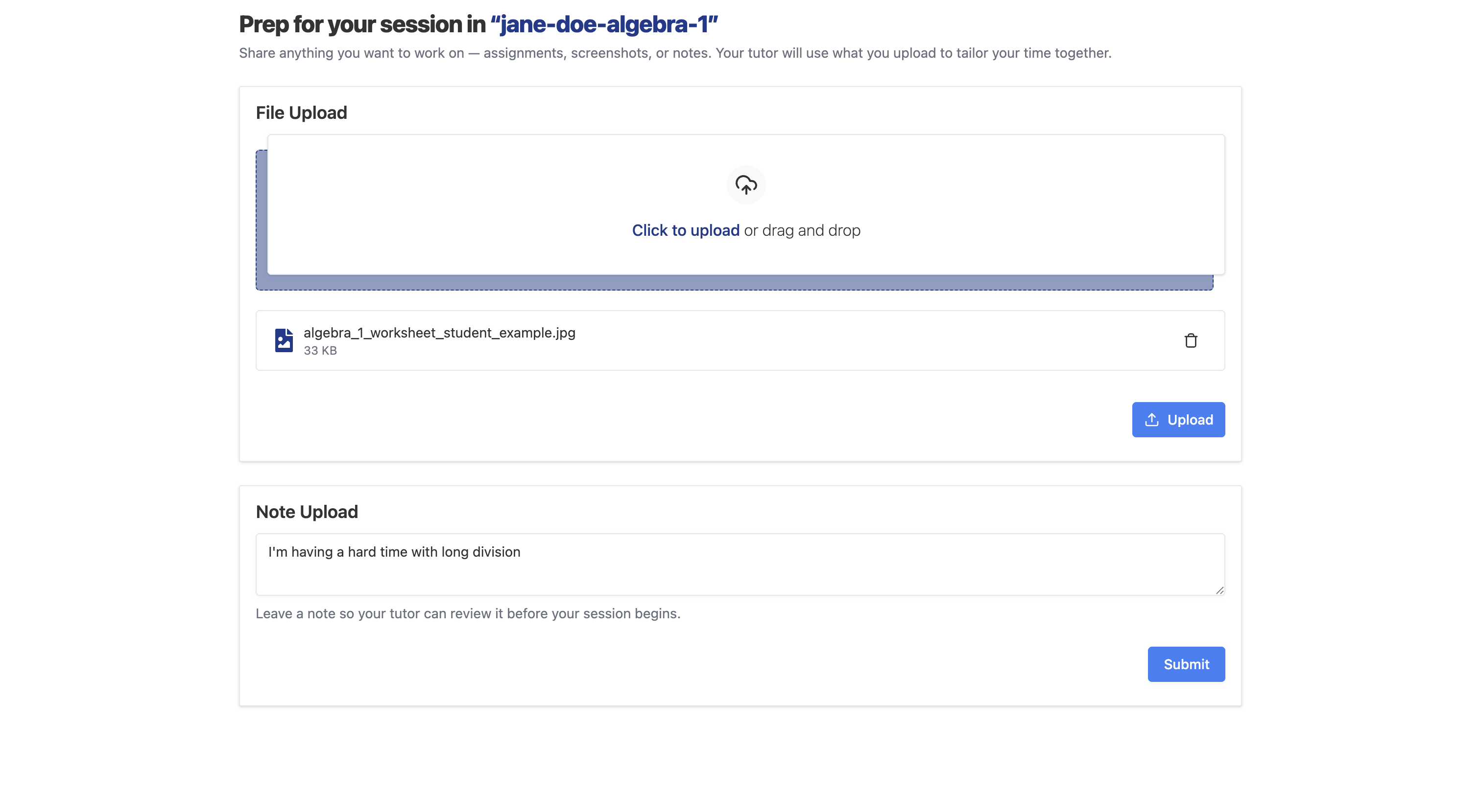 MathBoard student upload page showing a worksheet upload area, uploaded file, and note field before class.