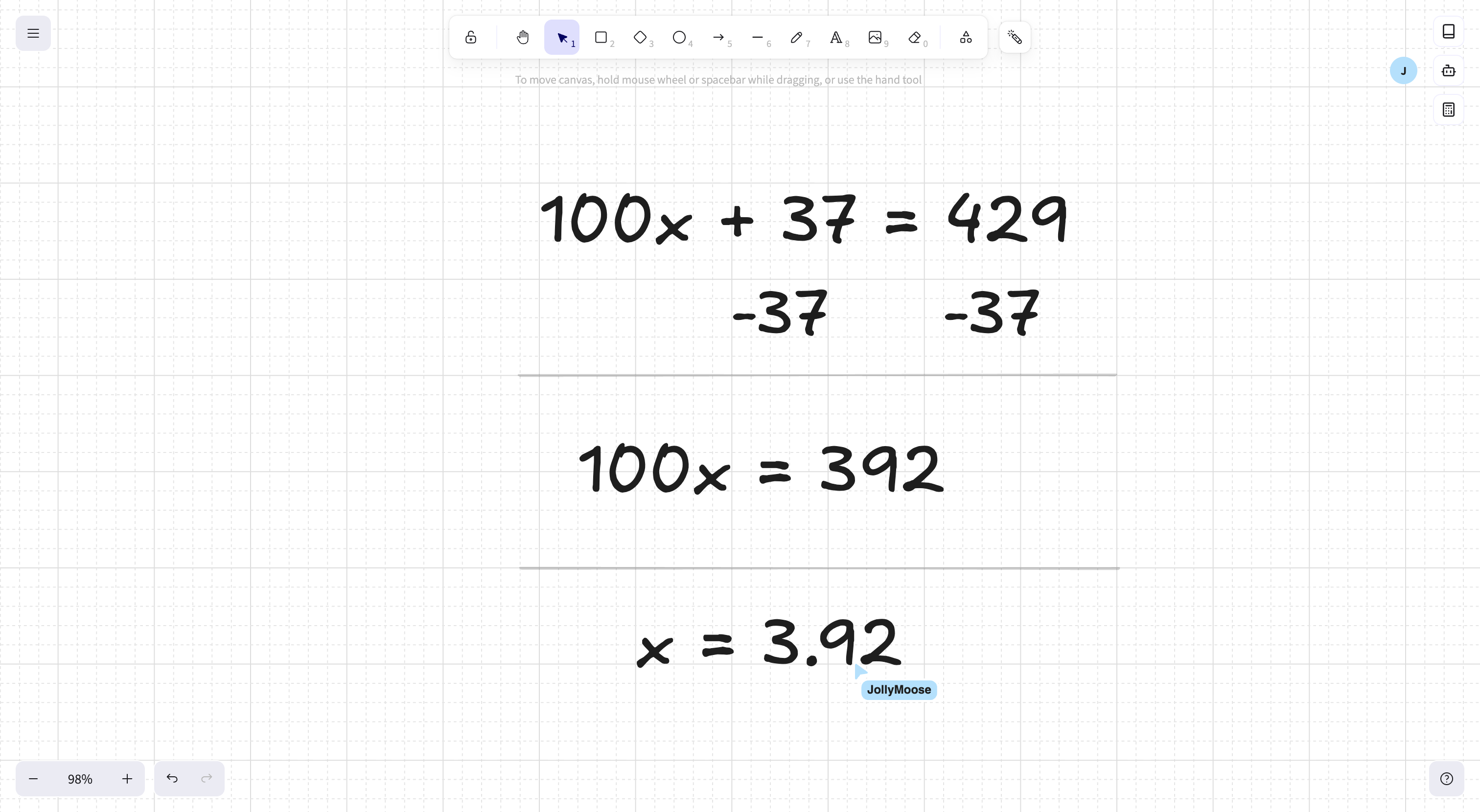 MathBoard live class board showing handwritten algebra work and a collaborator presence marker.