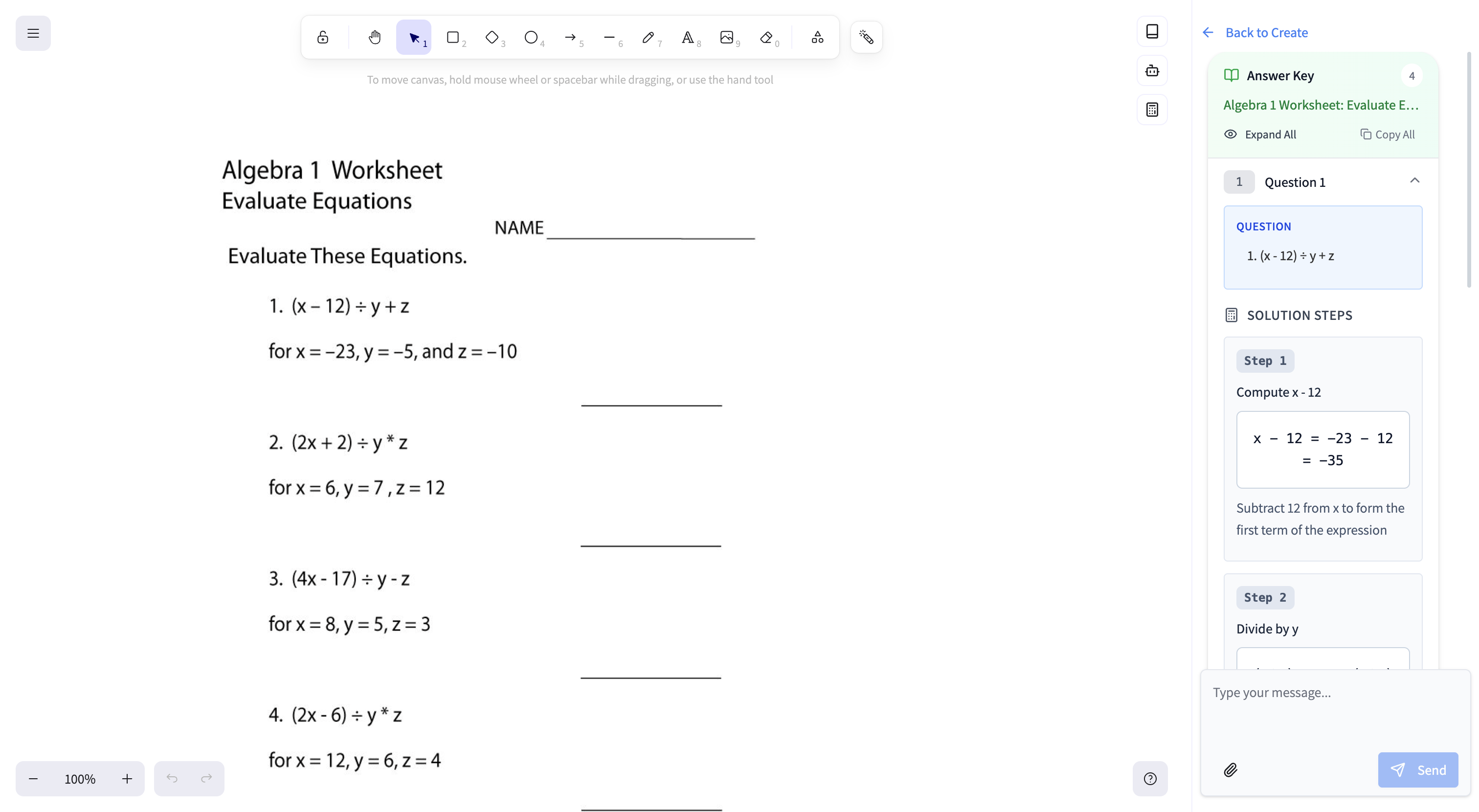 MathBoard lesson board with a worksheet open and the answer key assistant panel visible beside it.